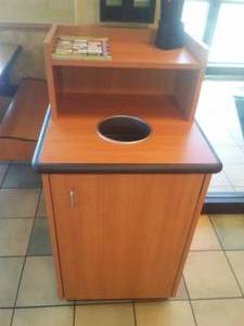 Commercial Trash Receptacle with tray shelf, includes roller bin inside.