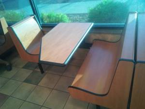 3 Person Booth, Wood Grain Laminate, steel structure support.