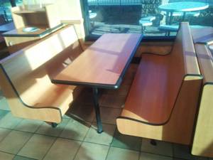 6 Person Booth, Wood Grain Laminate, steel structure support.
