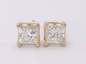 1.00 Carat Princess Cut Diamond Stud Earrings in 14k Yellow Gold