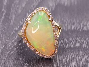 Impressively Large Natural Opal and Diamond Halo Estate Ring in 14k Yellow Gold