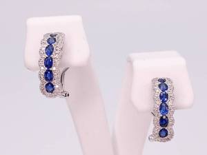 Royal Blue Sapphire and Diamond Hoop Earrings With Omega Backs in 14k White Gold