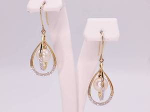 Diamond and Pearl Double Tear Drop Earrings in 14k Yellow Gold
