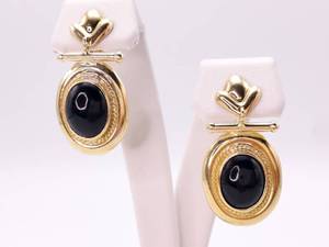 Dashing Oval Black Onyx Drop Earrings in 14k Yellow Gold