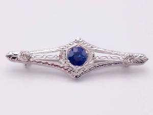 Antique Style 1.00 Carat Blue Sapphire and Diamond Pin in 18k White Gold