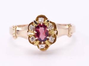 Edwardian Era 12 Carat Raspberry Garnet and Rose Cut Diamond Ring in 14k Yellow Gold