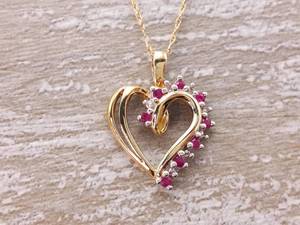 Yellow Gold Ruby and Diamond Heart Necklace
