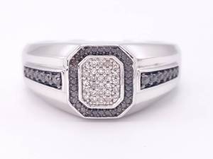 Black and White Diamond Square Halo Silver Ring