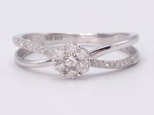 Floral Cluster Diamond Criss-Cross Silver Ring