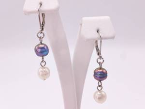Tahitian and White Pearl Drop Silver Earrings