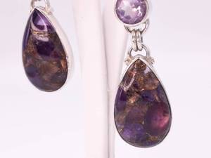 Round Amethyst and Amethyst Gold Agate Sterling Drop Earrings