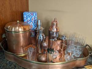 lot 44 image: Ornate Collection of Vintage Copper and Glass Barware