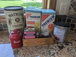 lot 57 image: Rare Vintage Collectible Tins Watkins, Hersheys, Harrods, and More