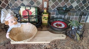 lot 67 image: Lot of (6) Adorable Kitchen Items Wood Cutting Board, Glass & Wrought Iron Fruit Bowl, Etc.