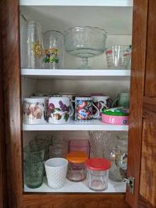 lot 68 image: Lot of Beautiful Dishware Mugs, M&M, Plastic Insulated Cups, Trifle Dish, Pyrex, Etc.