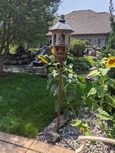 lot 36 image: Beautiful Wooden Bird House w Cast Iron Base