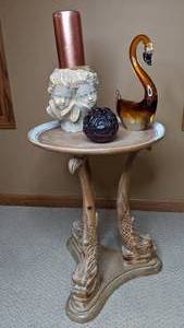 lot 83 image: Set of Elegant Home Office Decor Blown Glass, Hand-Carved Wood Table, Etc.
