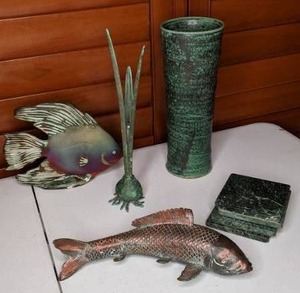 lot 175 image: Seeing Green (2) Decorative fish, Green Vase, Green Coasters