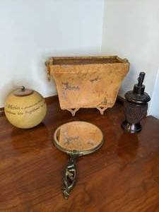 lot 119 image: Vintage Double Sided Mirror, Decorative Soap Dispenser, Small planter, & Decorative Cylinder