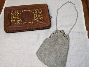 lot 135 image: Vintage Mexican Tooled Leather Clutch & Small Vintage Silver Evening Purse