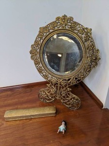 lot 105 image: Stunning Vintage Ornate Mirror, Tiny Doll w Crocheted Outfit, Vintage Jewelry Box