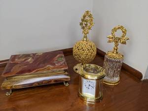 lot 108 image: Beautiful Vintage Stone Jewelry Box, (2) Vintage Perfume Bottles, Vintage Clock