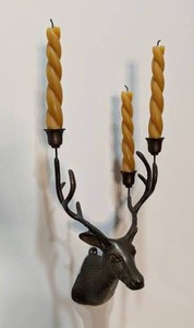 lot 179 image: Gorgeous Vintage Brass DeerStag Head Wall Sconce w Candle Holders