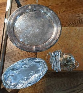lot 183 image: Beautiful Vintage Silver Pieces (2) Serving Trays, Teapot w Tray, & Silverware