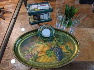 lot 192 image: Unique Shot Glass Holder, Beautiful Oval Serving Tray, Small Decorative Glass Box, & Glass Votive Candle Holder