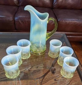 lot 196 image: Stunning  Two Toned Tall Uranium Antique Pitcher Set w (6) Tumblers