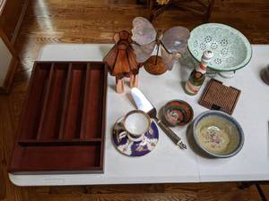 lot 313 image: Beautiful Vintage Fine China Cup and Saucer, Copper Salt and Pepper Shakers, Small Stained Glass Lamp Shade, and more kitchen and home decor