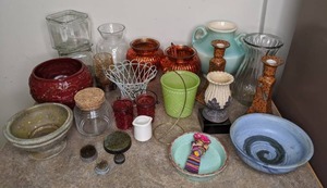 lot 161 image: Mixed Lot of Vases, Bowls, Candle Sticks, Jars, & Flower Frogs