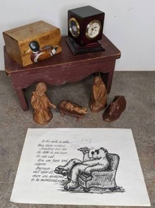 lot 163 image: Original Bear Art, Howard Miller Clock, Wooden Nativity Set, Small Wooden Duck Box, Mini Table