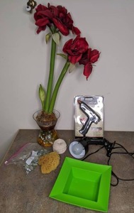 lot 165 image: Mixed Lot Artificial Ameryllis Flowers in Glass Vase, New Large Glue Gun,