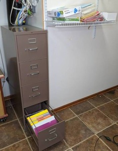 lot 169 image: 4 Drawer Metal Cabinet w Various Office Supplies