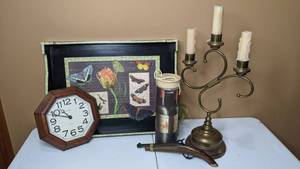 lot 98 image: Beautiful Lot of Home Decor Wall Clock, Vintage Hand Gun, Candelabra, Serving Tray, Etc.