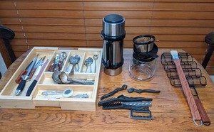 lot 381 image: Mixed Lot of Kitchen Supplies Coffee Pot, Thermos, Silverware, & More