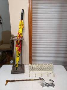 lot 382 image: Umbrella Holder w Umbrella, Display shelf w Hooks, Metal Coat Hook, Duck Handle Showhorn