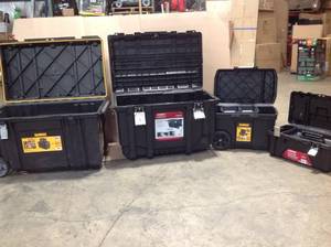 lot 9 image: Lot of Dewalt & Husky Jobsite Tool storage boxes (review all pictures)