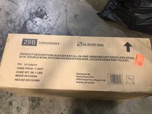 lot 19 image: Glacier Bay All-in-One Undermount Stainless Steel 33 in. 5050 Double Bowl Workstation Kitchen Sink with Faucet and Accessories not used customer return see pictures