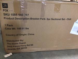 lot 21 image: Hampton Bay Braxton Park 3-Piece Black Steel Outdoor Patio Sectional Sofa with CushionGuard Chili Cushions not used customer return see pictures