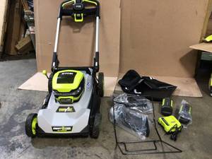 lot 38 image: Ryobi 40V HP Brushless 21 in. Battery Walk Behind Push Lawn Mower with   Battery and Rapid Charger customer return see pictures