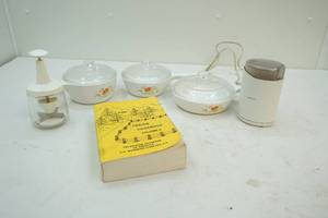 Cookware, coffee grinder, chopper, cookbook