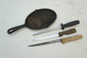 Skillet, knife sharpener, knives
