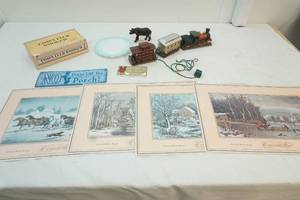 Cigar box, Lefton train placemats, etc