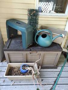 lot 478 image: Outdoor Storage Bench with Gardening Supplies