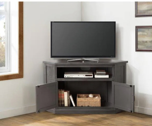 lot 8 image: Rustic Corner Grey Wood Corner TV Stand by Martin Svensson Home Its Retail price is $377