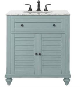 lot 4 image: Hamilton Shutter 31 in. W x 22 in. D Bath Vanity in Sea Glass with Granite Vanity Top in Grey with White Sink the retail price $829.00