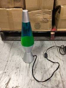 lot 19 image: Pallet of Lava Lamps (40 count) Lava the Original 14.5-Inch Silver Base Lamp with Yellow Wax in Blue Liquid