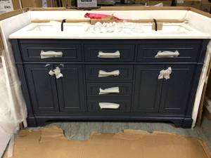 lot 20 image: Melpark 60 in. W x 22 in. D Bath Vanity in Grayish Blue with Cultured Marble Vanity Top in White with white Basins (review pictures)